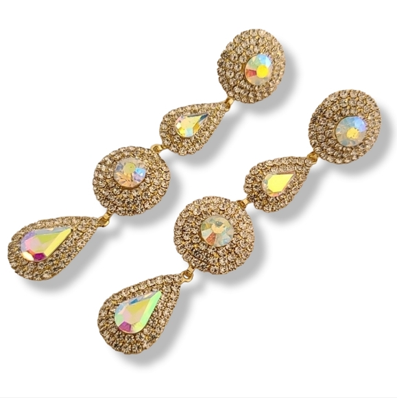 AURORA BOREALIS CZ Gold Teardrop Discs Statement Earrings Evening Wedding - Picture 6 of 12